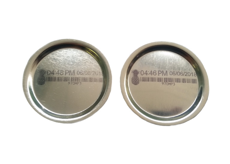 number, image, and barcode marking on caps of cans